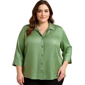 Scott Taylor Womens Metallic Green Button Blouse Textured Crinkle 3/4 Sleeve 3XL